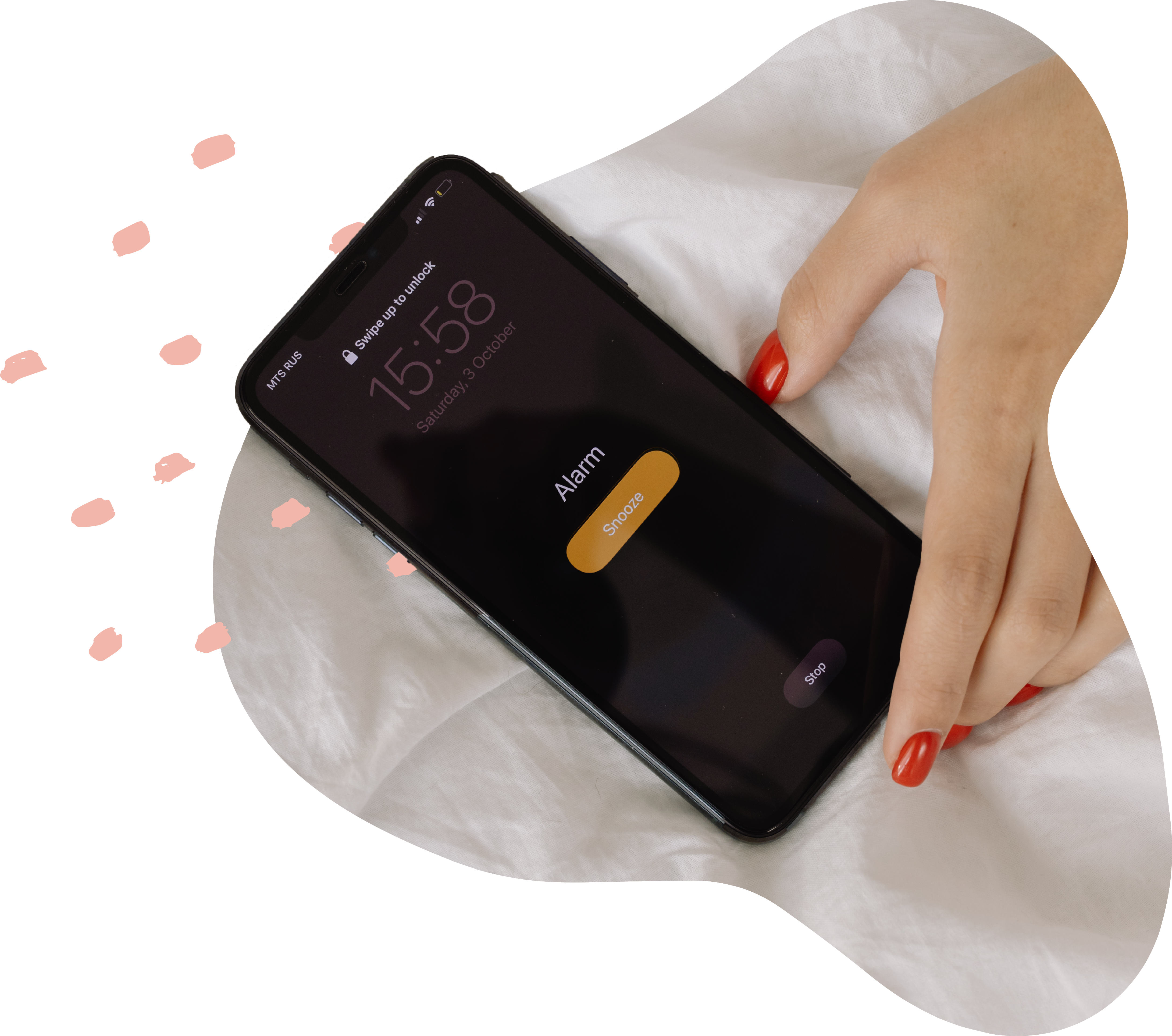 Woman reachews to snooze Iphone alarm 