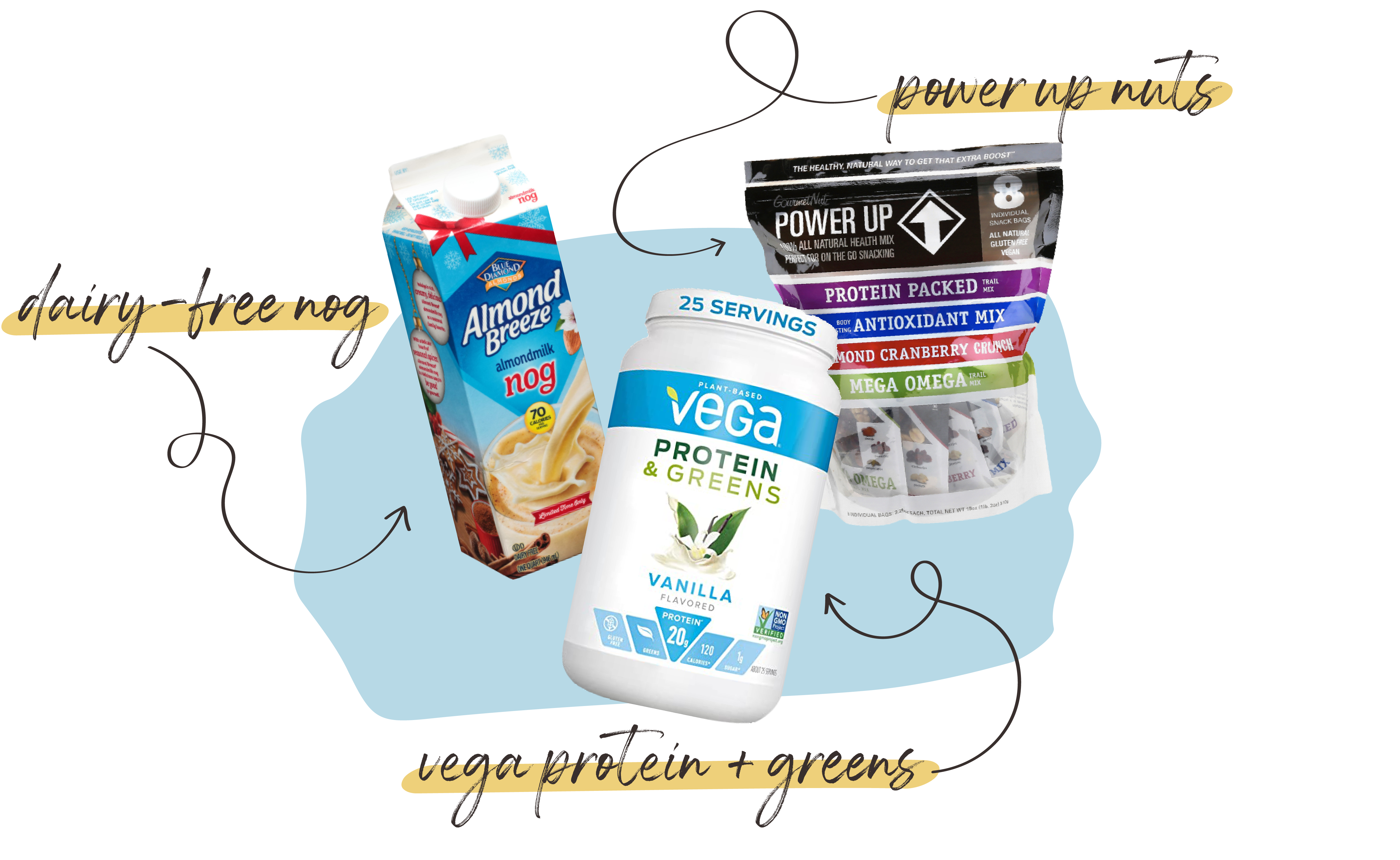 Dairy-free eggnog, vega protein powder and nut variety pack